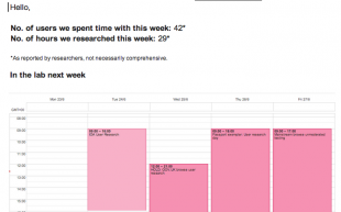 User research weekly showing the lab's calendar