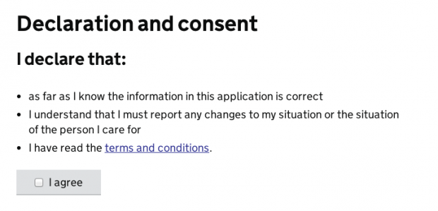 Declaration and consent tick box to say users agrees