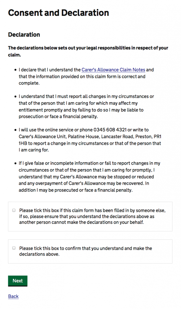 Consent and Declaration that users need to read for the carer's allowance application