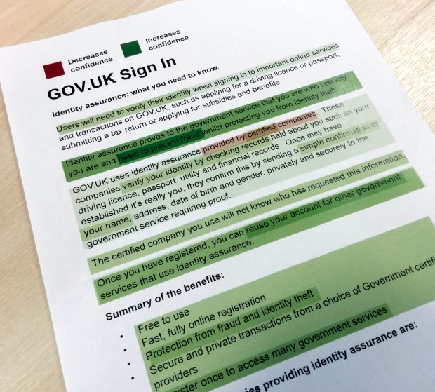 A document showing content heatmapping with green content increasing confidence and red text decreasing confidence 