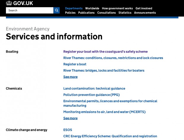 An 'Services and information' page on GOV.UK