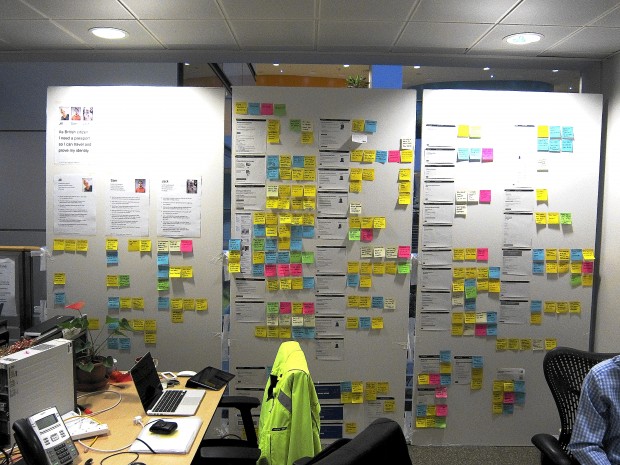 A Research wall in use, next to team desks 