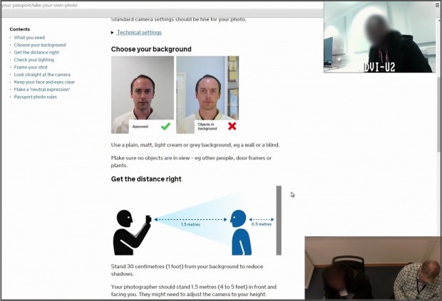 A usability testing session with a user reading guidance for taking a passport photograph