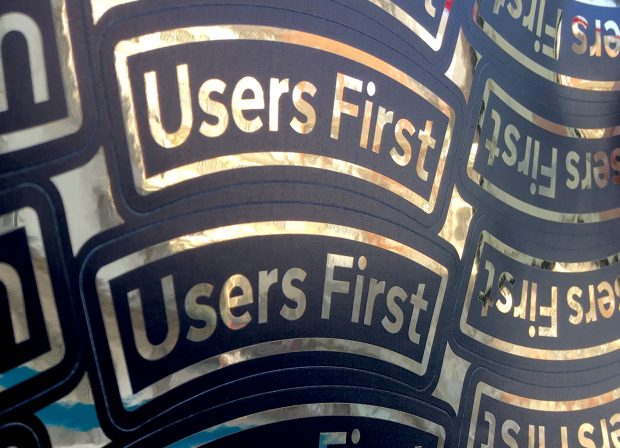 A sticker sheet showing the phrase Users First