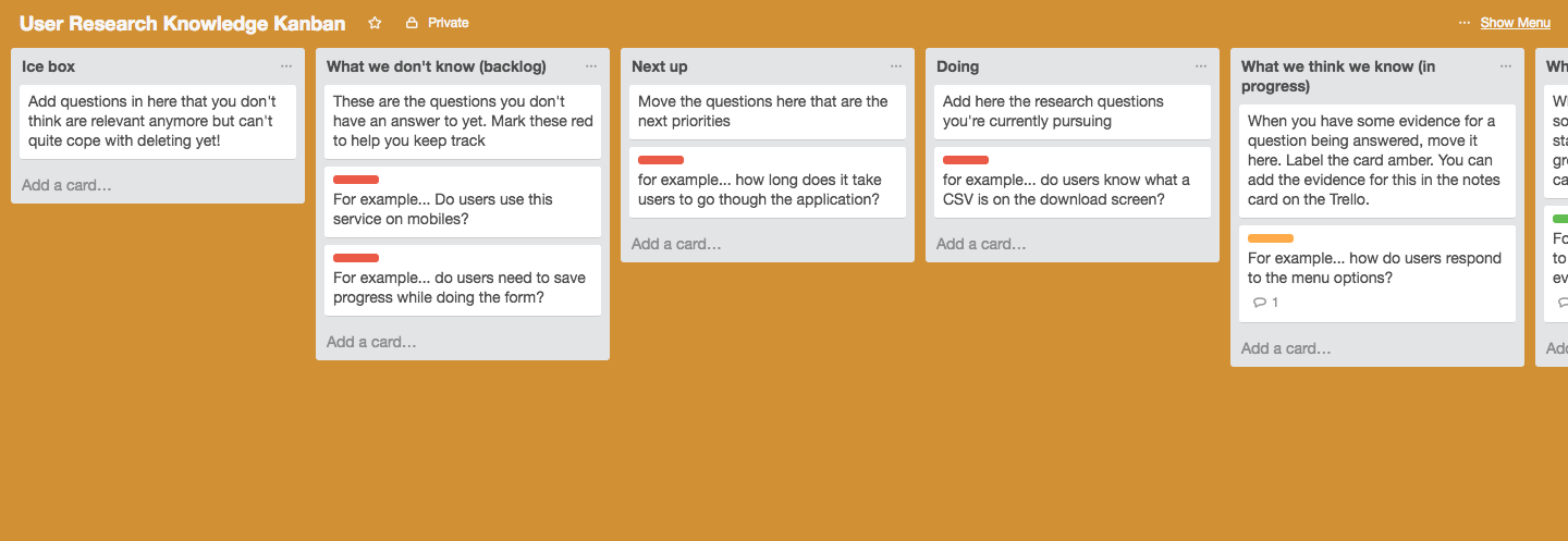 A template for a knowledge kanban board