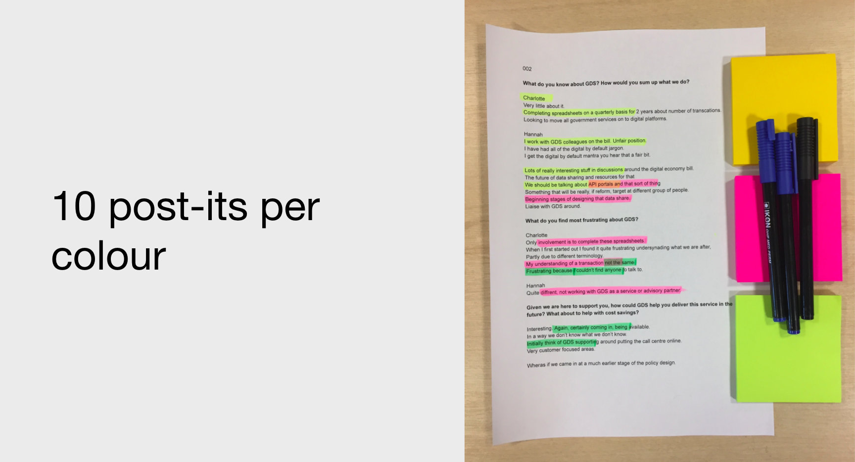 The next step was for each person to have 10 post its of each colour - yellow, green and pink