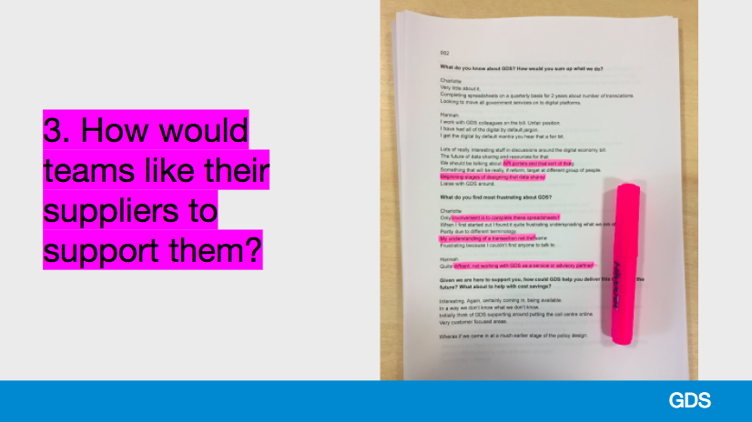 A slide with the text 'How would teams like their suppliers to support them?' in purple and a photograph of a sheet of paper with purple highlighting