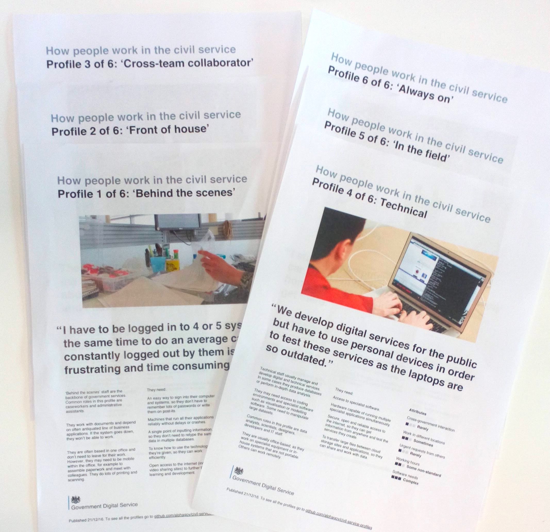 Photo of printed copies of the civil servant profiles