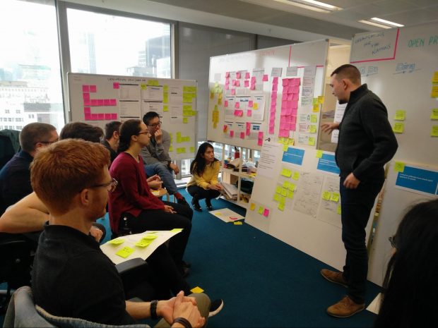 A group of people gathered around a whiteboard