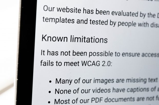 A close up of an example accessibility statement which focuses on the words "Known limitations", suggesting the website has failed to meet requirements because it is missing captions on images and videos do not have subtitles