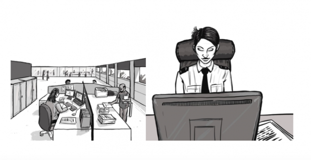 Illustration of police staff working in an open plan office and a close up of a police officer working at a computer 