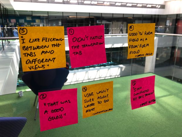 A photo showing post its of observations from usability testing. They follow good practice guidelines of one observation or quote per post it about what did or didn’t work, a participant number.