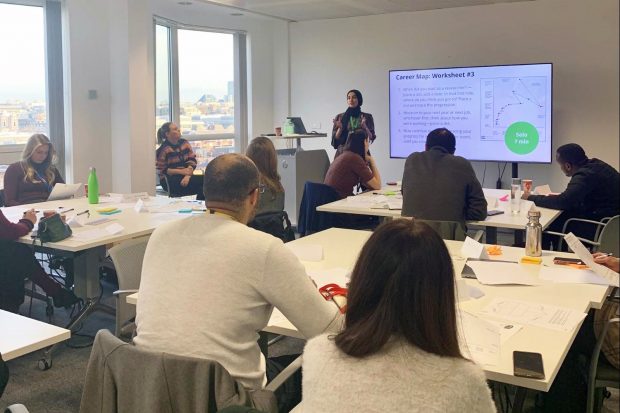 Alt text: facilitator explaining career mapping to a group in a workshop