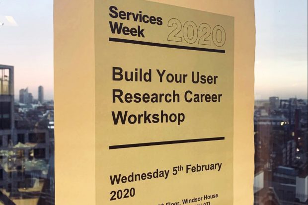 A poster from Services week 2020 that says 'Build your user research career workshop'