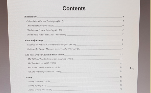 An image of the contents page of the user research library at Ofsted, created by Salma Patel. This contents page includes a list of services, divided by which phase of development the service is in, and shows which pages you can find a summary of the user research conducted in that phase