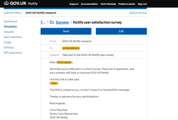 A screenshot of a message drafted in GOV.UK Notify called "Notify user satisfaction survey"