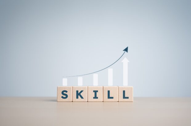 Wooden blocks spelling the word skill. A column chart above the blocks indicating growth of skill over time.